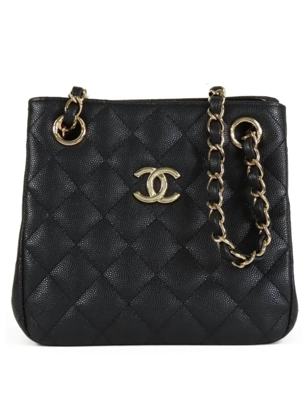 Chanel Mini Bucket Black Gold Caviar Leather Quilted Stitch Chain Shoulder Bag